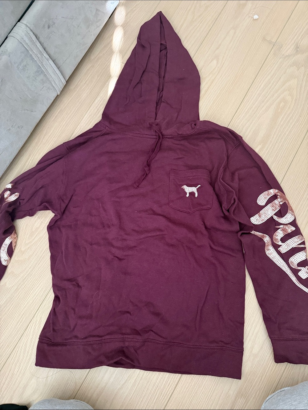 PINK Victoria's Secret Burgundy Crewneck Hoodie with Pocket Dog Logo